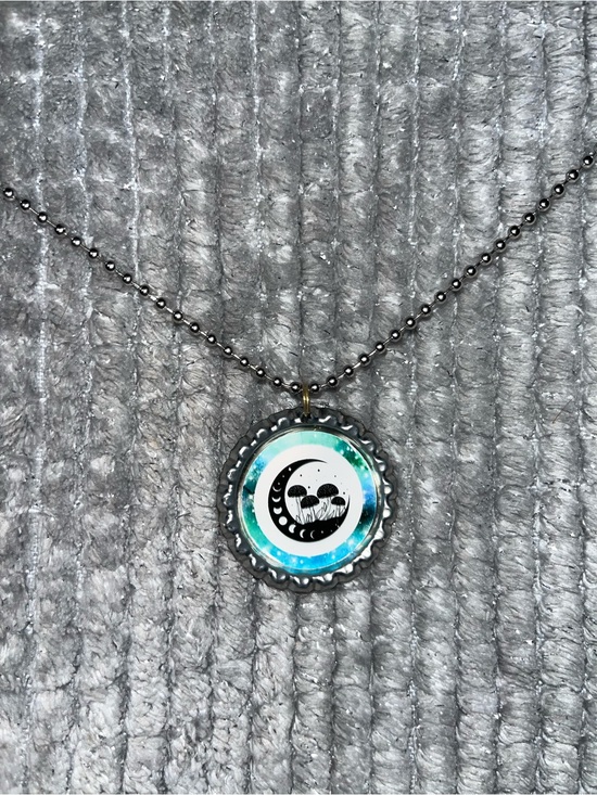 Jewelry - Moon & Mushroom Bottle Cap Pendant Necklace - Teal Accent